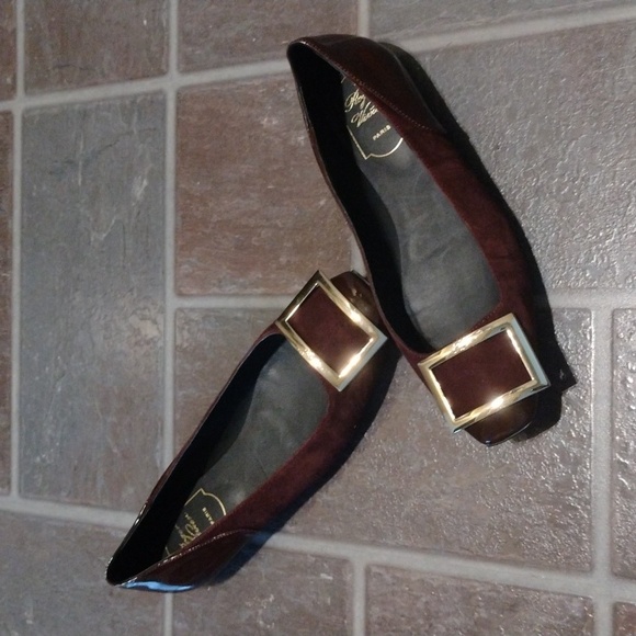 Roger Vivier burgundy patent cap toe suede buckle logo ballet flats size 36 - Picture 4 of 15